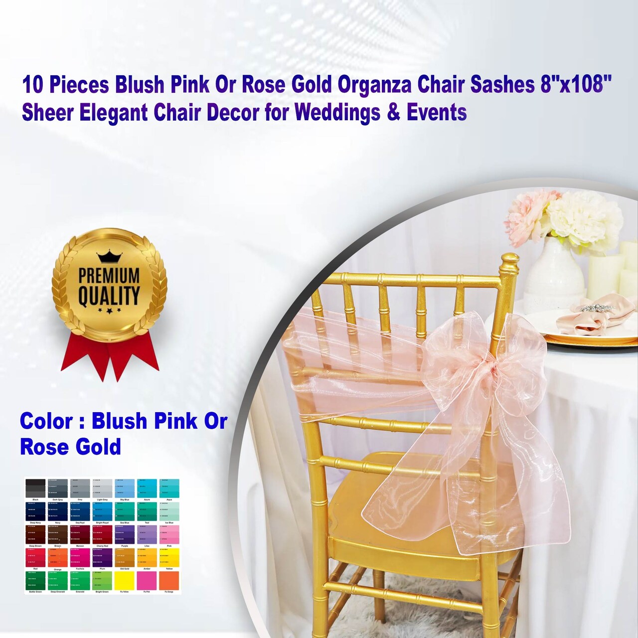 10 Pieces Blush Pink or Rose Gold Organza Chair Sashes 8"x108" Sheer Elegant Chair Decor for Weddings & Events